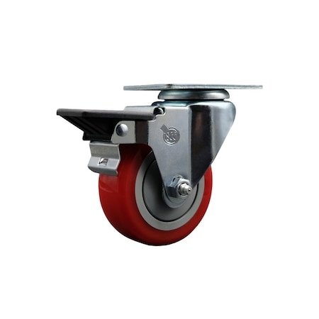 Service Caster 3.5'' Red Poly Wheel Swivel Top Plate Caster Posi Brake SCC-20S3514-PPUB-RED-PLB